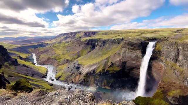 Majestic Aerial View of H&aacute;ifoss Waterfall and Canyon in Iceland