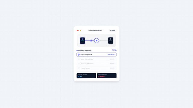 Minimalist API synchronization interface displaying secure TLS handshake progress with network latency and throughput statistics in dark mode UI design