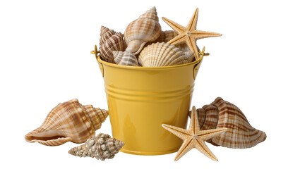 Yellow bucket overflowing with seashells and starfish, isolated on transparent background © Nicolae