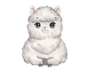 Cute watercolor alpaca - cute little baby llama, white grey fluffy wool character. Illustration for nursery, baby shower, children card, boho collection. © NATALIA