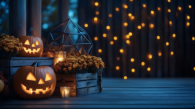 Cozy outdoor wooden porch decorated for Halloween with glowing jack-o-lanterns mums geometric lantern and golden bokeh