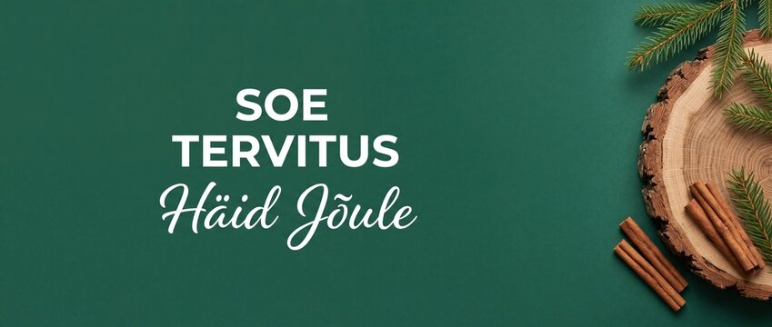 Estonian Christmas greeting card background with text Soe Tervitus H&auml;id J&otilde;ule featuring wood slice pine fir branches cinnamon sticks rustic minimalist dark green winter holiday banner copy space
