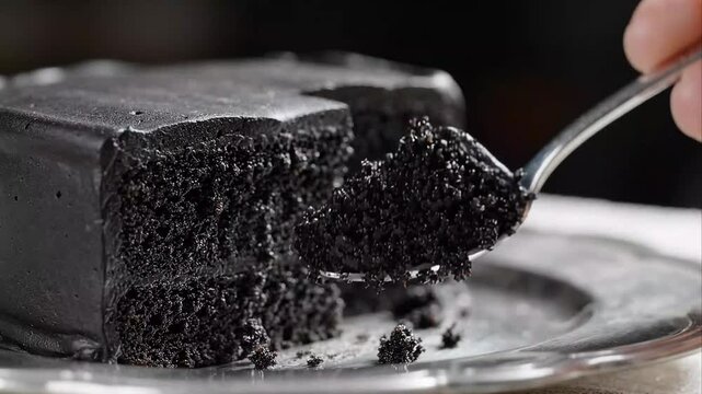 Spoon Taking a Bite of Rich Dark Chocolate Cake Close Up