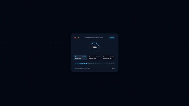 Minimalist digital AI synchronization dashboard with glowing blue circular progress indicator and data status bars for futuristic software interface display