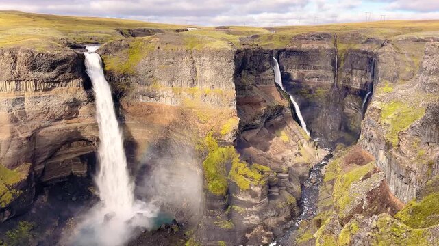 Majestic Aerial View of H&aacute;ifoss Waterfall and Canyon in Iceland