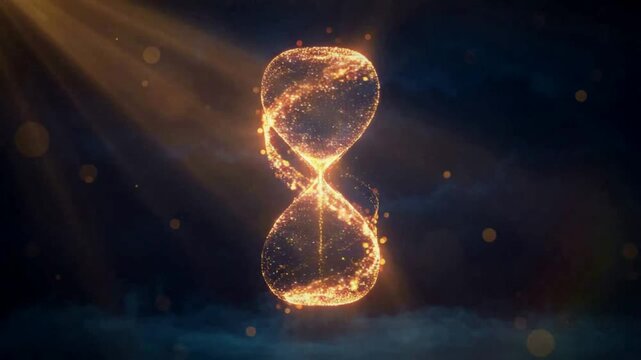 Surreal glowing hourglass made of golden light particles seamless loop - abstract time and energy background