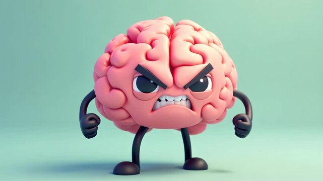Angry cartoon brain character with arms legs frowning on teal background