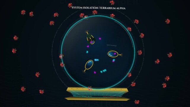 Abstract futuristic animation of an echo chamber system isolation terrarium alpha concept visualizing safe AI consensus cyber security firewall defense and digital network data analysis