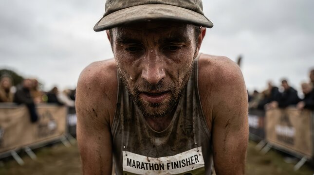 male marathon runner covered in dirt and heavy sweat wearing cap, intensely focused after completing grueling obstacle race competition with immense physical effort