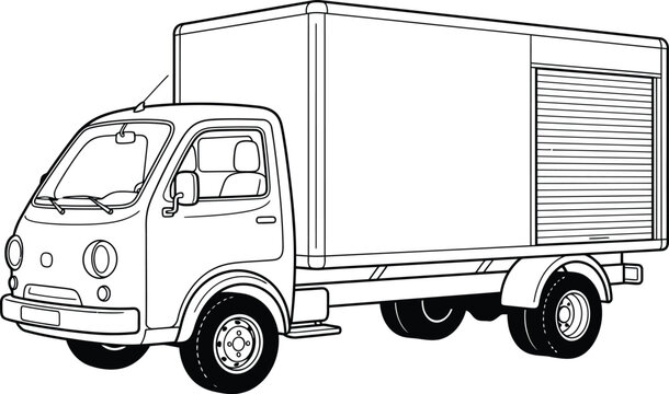 Delivery truck vector line art illustration, small commercial box truck for freight transport, cargo van outline icon for logistics design