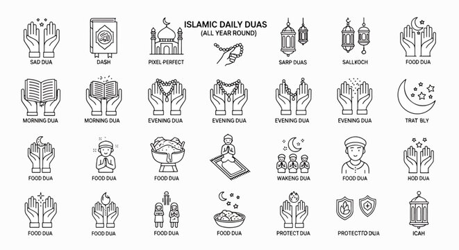 Islamic daily duas vector icons set, all year round, prayer hand, morning evening food dua, religion symbols, ramadan