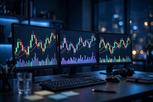 Stock market candlestick charts on three monitors at a financial trading desk at night