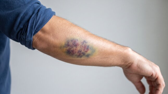 Man's elbow and bicep with a large healing bruise