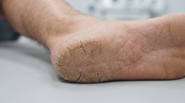 Severely cracked heel with dry skin and calluses on human foot