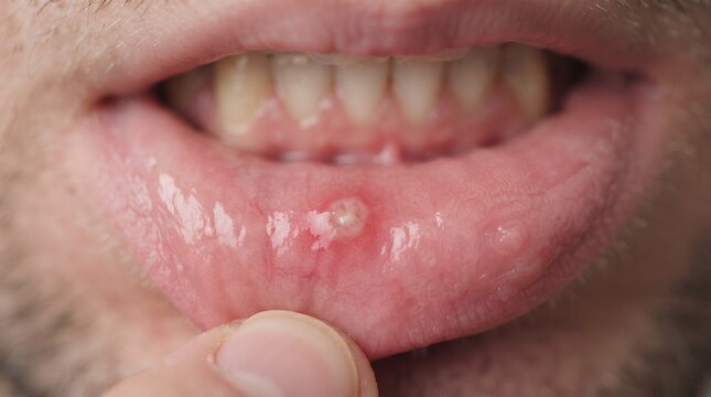Close up of a canker sore on the inner lip