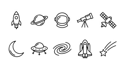 Minimalist space exploration icons, set of 10 black line art symbols, astronomical galaxy and rocket ship graphics for educational UI design © haseeb