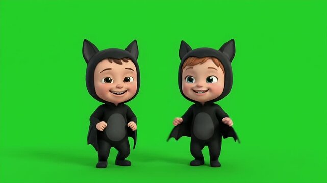 Cartoon Twin Kids in Bat Costumes Waving on Green Screen - Two adorable cartoon twin children dressed in matching black bat costumes are shown bouncing and smiling with delight.
