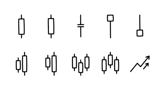 Hand drawn candlestick chart icons, minimalist financial trading symbols, black ink sketch of stock market analysis elements on white