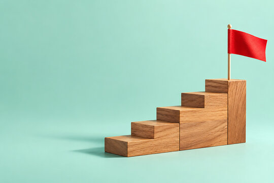 Wooden staircase leading to a small red flag