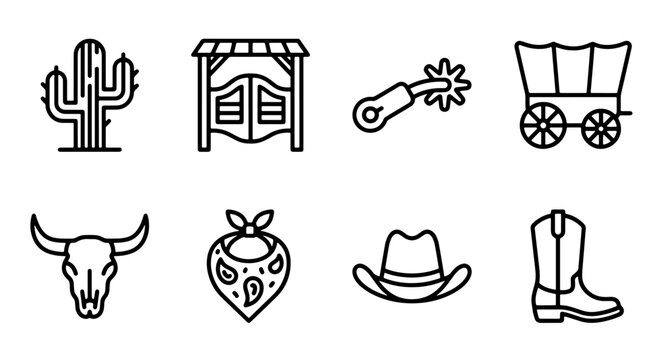 Wild West icons set with cactus, saloon doors, spur, wagon, bull skull, bandana, hat and boot for western themes