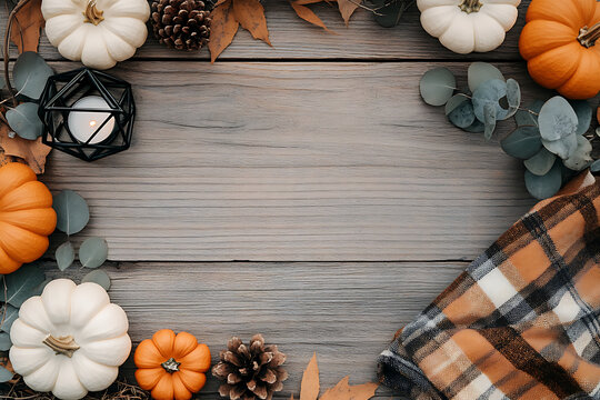 Overhead autumn flat lay border featuring white and orange pumpkins pinecones geometric tea light holder and plaid fabric on wood