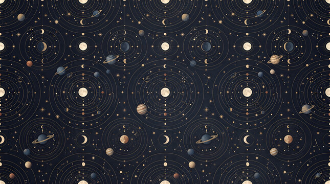dreamy seamless pattern featuring tiny moons, stars, planets and orbital circles, dark elegant background, modern celestial aesthetic, crisp decorative details