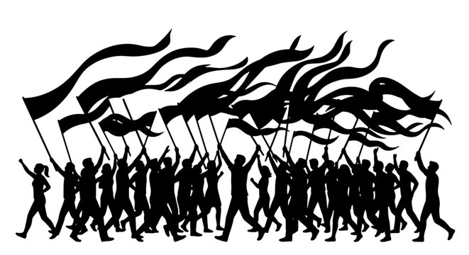 Crowd silhouettes with waving banners, protest march and demonstration for logo, signage, print