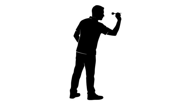Dart player silhouette aiming with dart, sports game and precision for logo