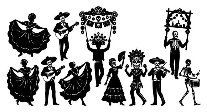 Day of the Dead skeletons set with dancers, musicians and banner carriers for cultural celebration