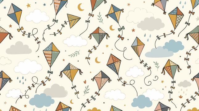 Colorful kite shapes surrounded by clouds seamless decorative background