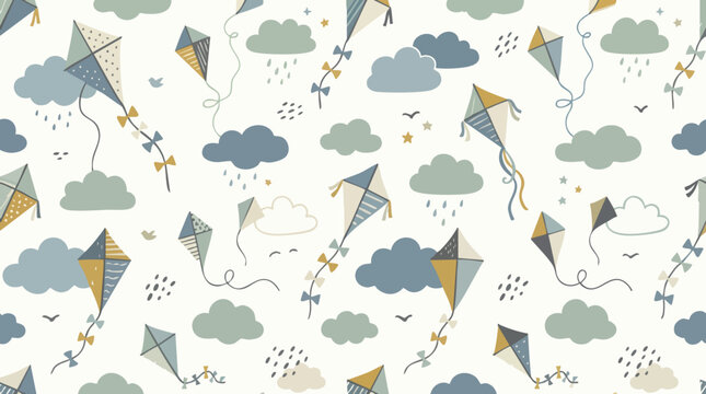 Colorful diamond kites and fluffy clouds seamless background design