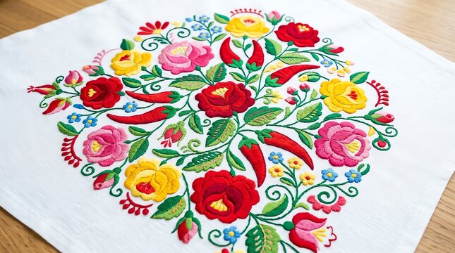 Beautiful Traditional Hungarian Floral Embroidery Pattern on White Fabric
