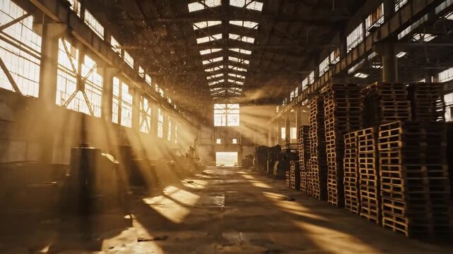Bright sunlight beams streaming into a large cavernous warehouse with wooden pallet stacks on a dusty floor