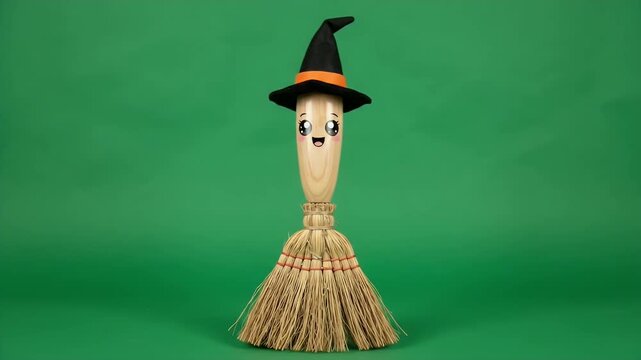 Cute Cartoon Broom Witch Hat Green Screen - A whimsical broomstick with a cute, happy face and a black witch hat with an orange band, isolated on a vibrant green screen background.