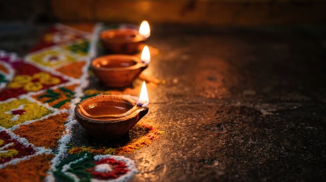 Traditional clay oil lamps glowing on a colorful rangoli pattern for the hindu festival of diwali celebration