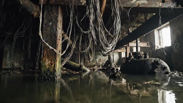 Exposed wires hanging from the ceiling of a flooded and decaying abandoned basement interior