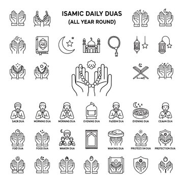 Islamic daily duas all year round vector icon set. Prayer symbols for muslims. Ramadan and islamic culture.