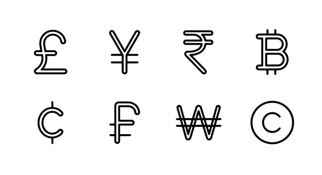 Currency symbols set with pound, yen, rupee, bitcoin, cent, franc, won and copyright for finance and business