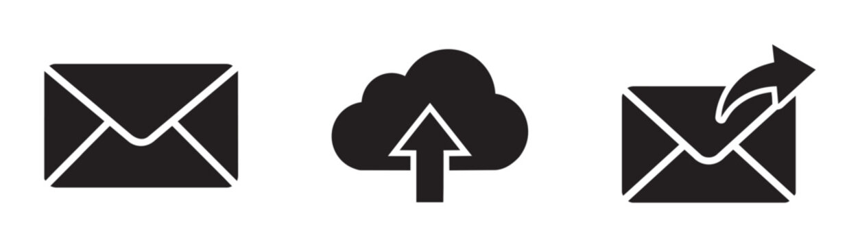 Email and cloud upload icons set with envelope and arrow for communication and data transfer
