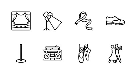 Performance icons set with stage, spotlight, ribbon, shoe, microphone, boombox, ballet slippers and dancing couple for entertainment and arts © Maruf