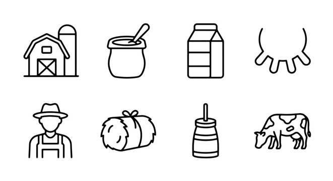 Dairy farm icons set with barn, farmer, cow, milk carton, udder and hay bale for agriculture and food