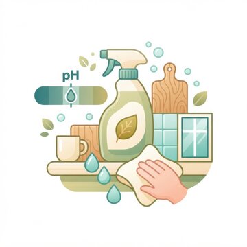 Household cleaning products are seen next to a cloth and a cup on a counter with a pH scale in a bright setting.