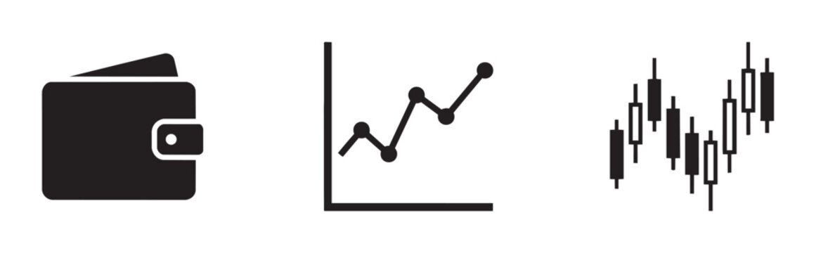 Wallet and financial chart icons set, business growth and profit analysis
