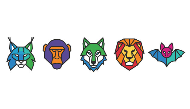 Modern geometric animal head vector logos representing a lynx baboon wolf lion and bat in vibrant low poly colors.