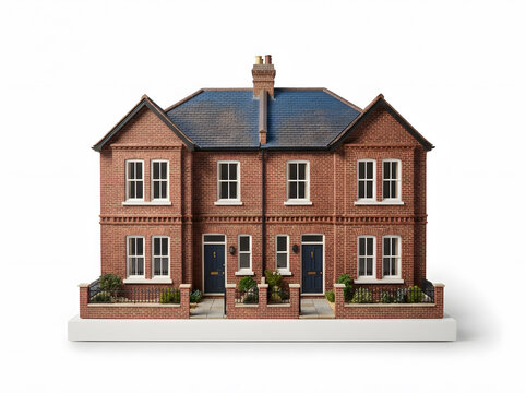 Modern two-story brick house model with blue door and white-trimmed windows on white base