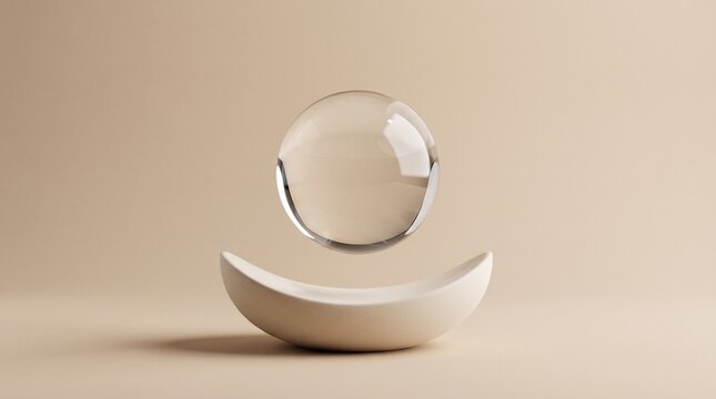 Minimalist product display podium with floating transparent glass sphere on beige background for cosmetic presentation