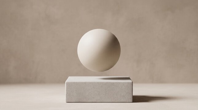 Minimalist 3D render of a beige sphere floating above a concrete pedestal block with neutral textured wall background