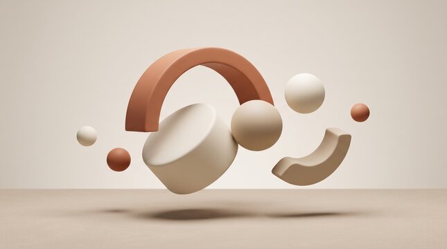 Abstract 3D geometric shapes floating in soft beige studio environment with subtle lighting and shadows