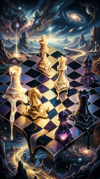 Surreal Melting Chess Board Floating In A Vibrant Cosmic Galaxy