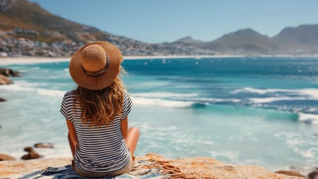 Eco-Friendly Travel Tips for Summer Woman wearing striped shirt and straw hat sits on a blanket atop coastal rocks viewing blue ocean waves and distant mountains in summer